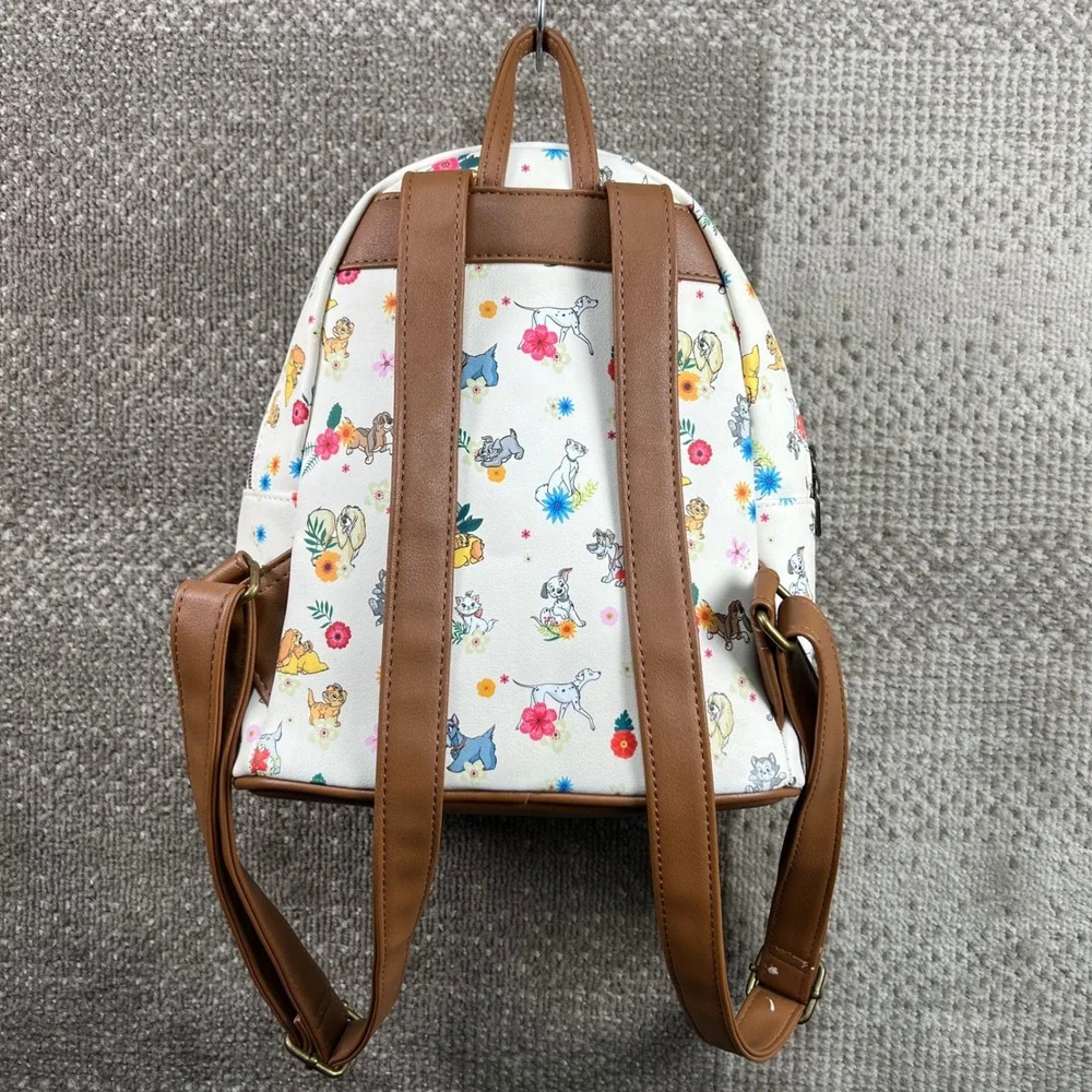 Disney Loungefly Mini Backpack Floral Dogs and Cats White Brown Faux Leather